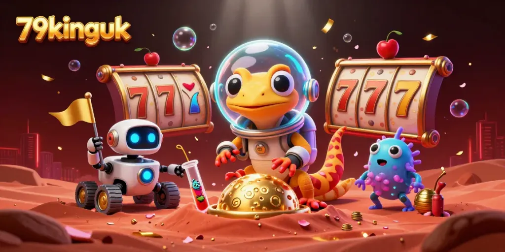 Spin the slots at 79kinguk with a vibrant Martian gecko in a golden casino scene