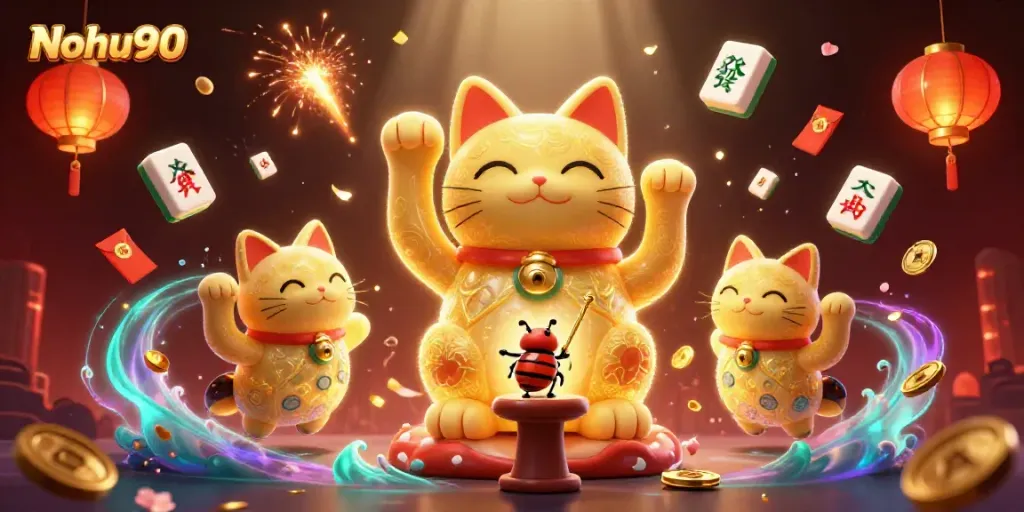 Nohu90 showcases a vibrant scene of gaming magic with a giant lucky cat and dynamic casino symbols.