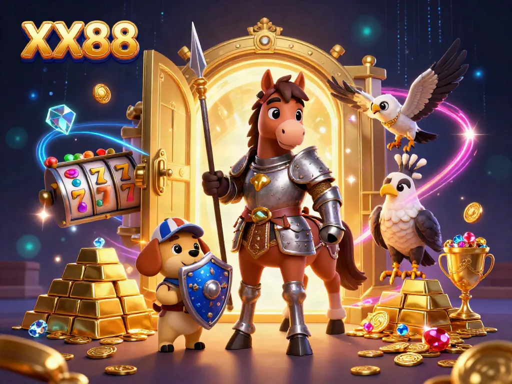 Experience the excitement of XX88 casino with vibrant characters and treasure in an immersive scene.