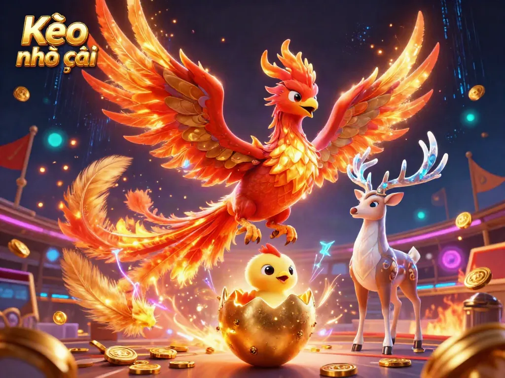 Engage with Kèo nhà cái in this vibrant 3D scene featuring a phoenix and sports betting elements.