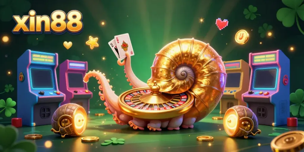 Experience thrilling gameplay at xin88 with a giant nautilus roulette wheel and glowing cards in a vibrant 3D scene.