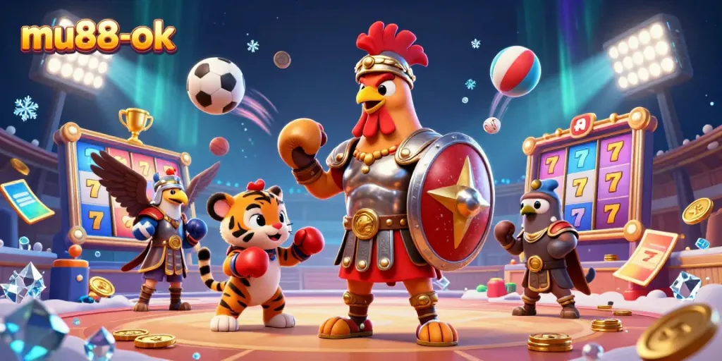 Experience thrilling excitement with mu88-ok, where a gladiator rooster and his tiger cub partner engage in electrifying casino action.