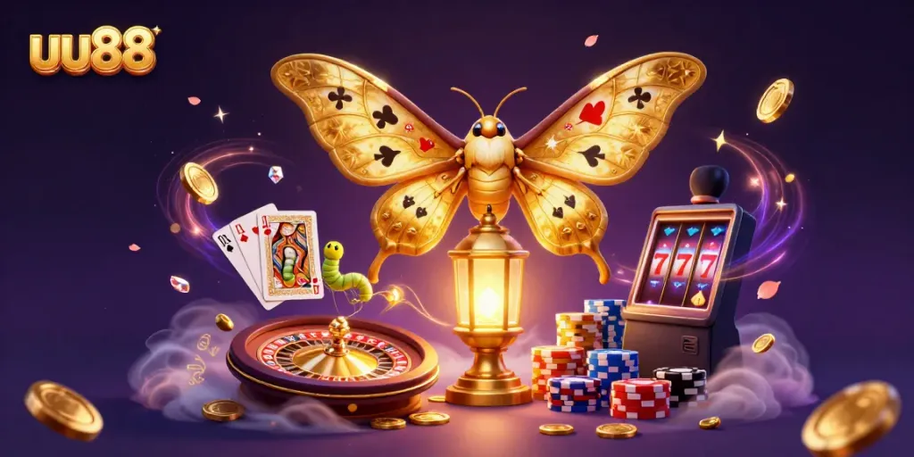 Engage in thrilling gameplay at uu88, showcasing a dynamic casino scene with an atlas moth, vibrant poker chips, and golden coins.