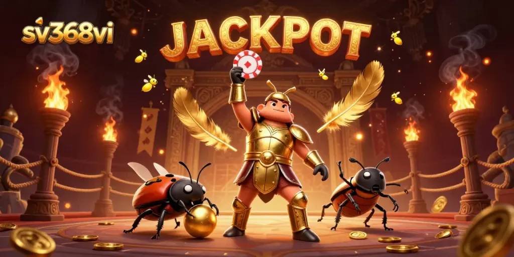 Engage with sv368vi's thrilling victory scene featuring a heroic beetle lifting a poker chip.