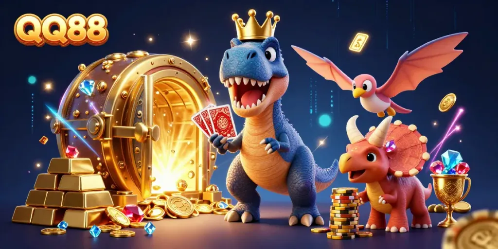 Experience action-packed casino fun with QQ88 featuring a T-Rex card shuffler and baby triceratops stacking chips.