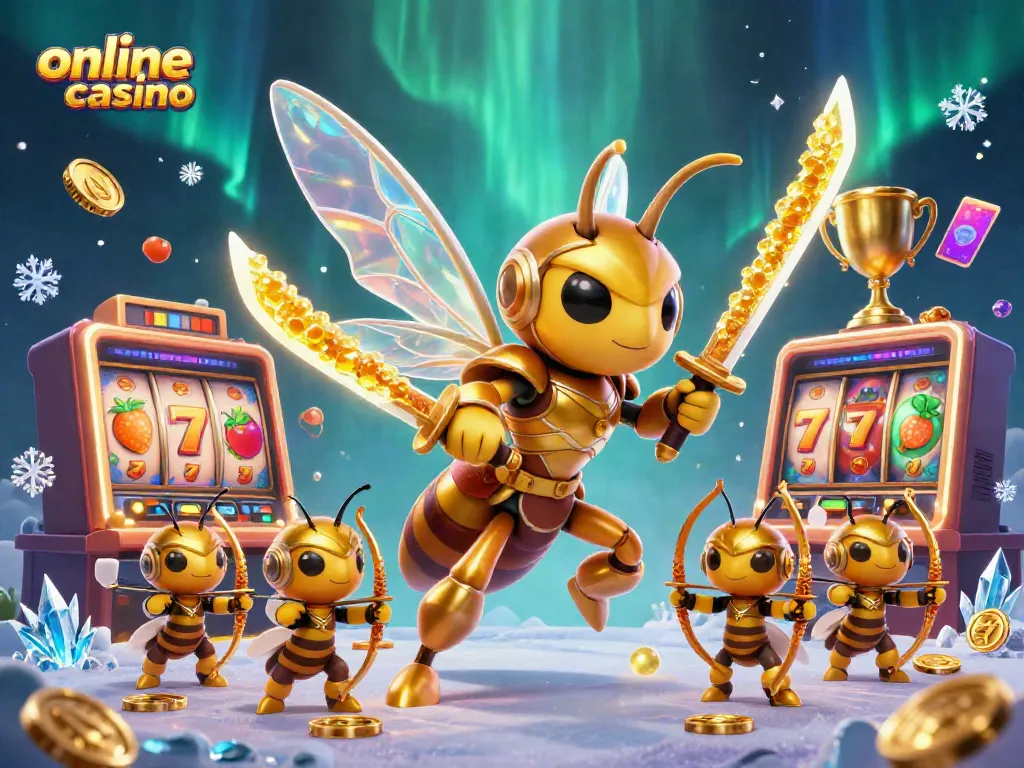 Engage in the vibrant world of online casino featuring a giant hornet in samurai armor and dynamic slot machines.