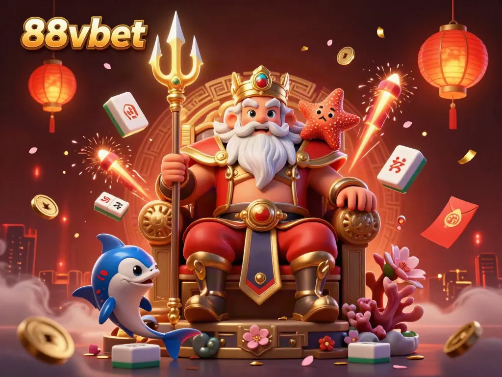 Engage with the vibrant 88vbet scene featuring Neptune, symbols of luck, and dynamic gaming elements.