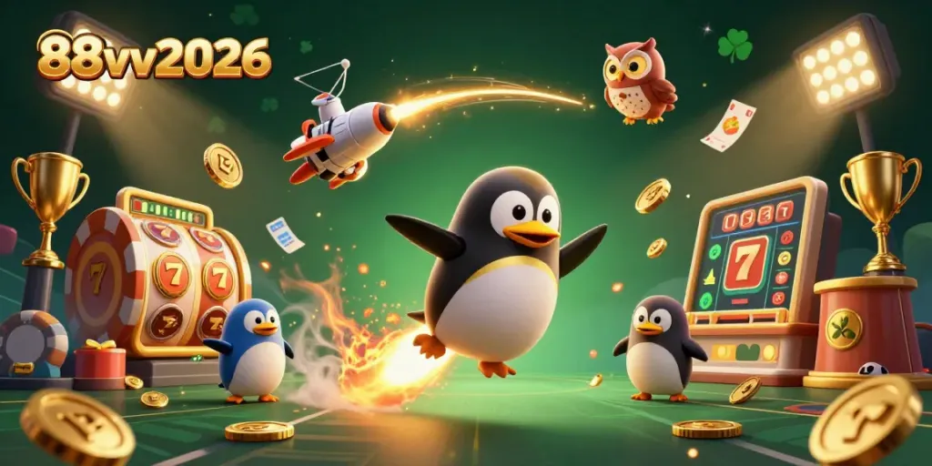 Experience the thrill of 88vv2026 with a golden penguin racing to a casino space station, loaded with jackpot elements.
