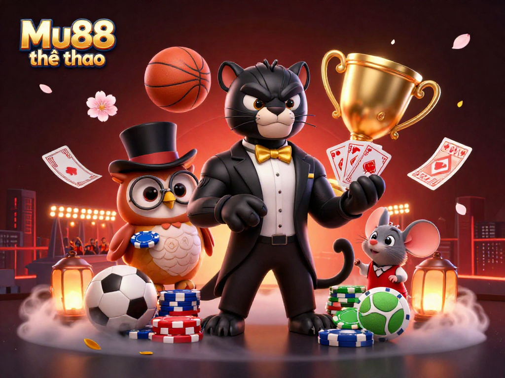 Engage in exciting sports betting with Mu88 thể thao featuring a stylish tuxedo panther, owl, and lucky mouse.