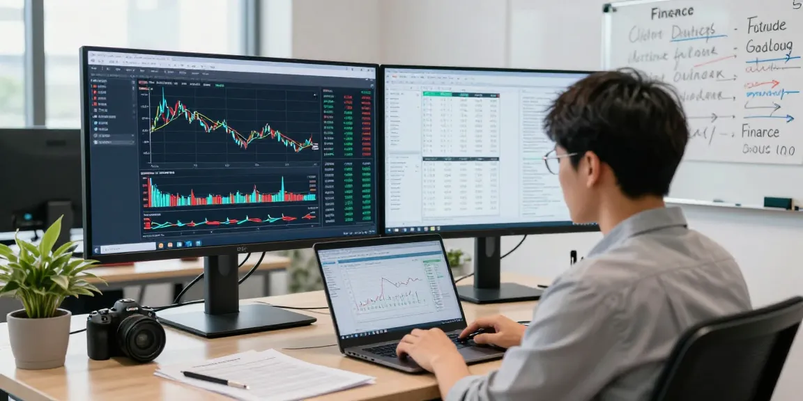 Cotton futures data feed analysis in a modern finance office with a data analyst reviewing market trends.
