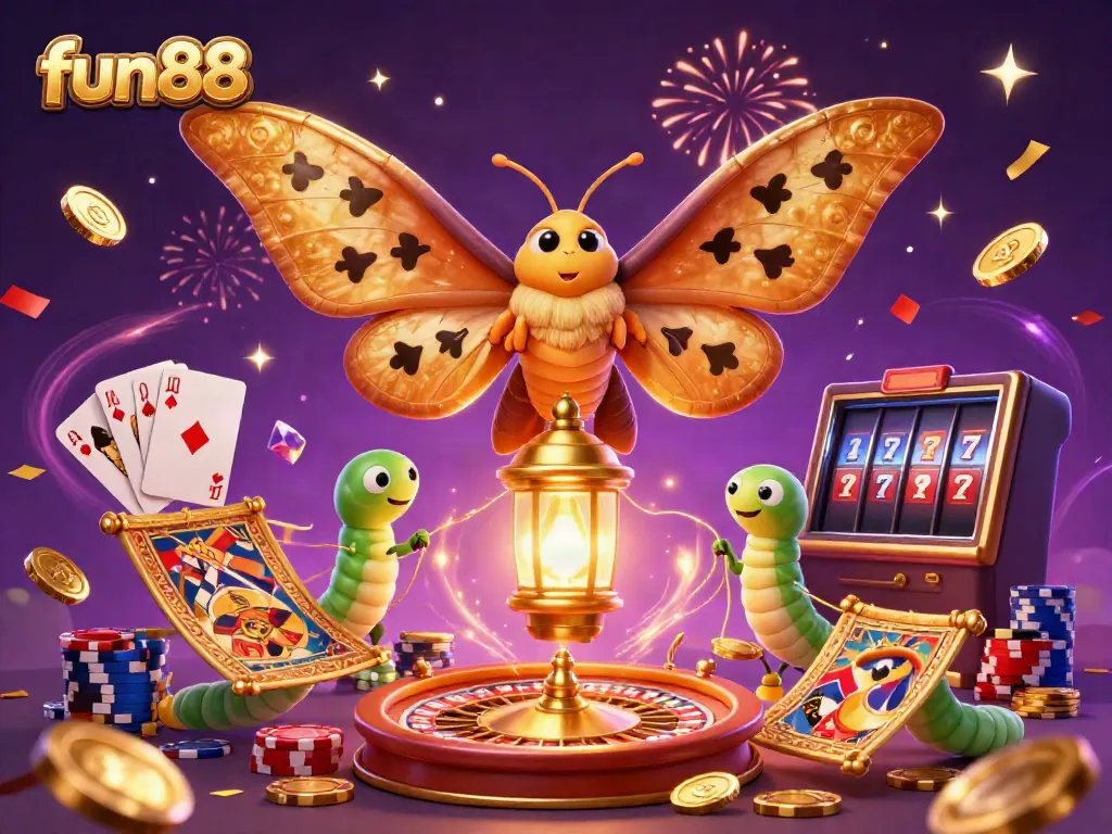 Engage with fun88's vibrant casino experience featuring a golden atlas moth adorned with card suits.