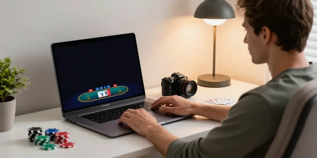 Player engaging in thrilling casino games on net88 from a stylish home office setup.