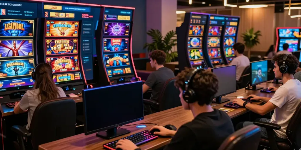 Dynamic A80 gaming platform with diverse players and game displays.