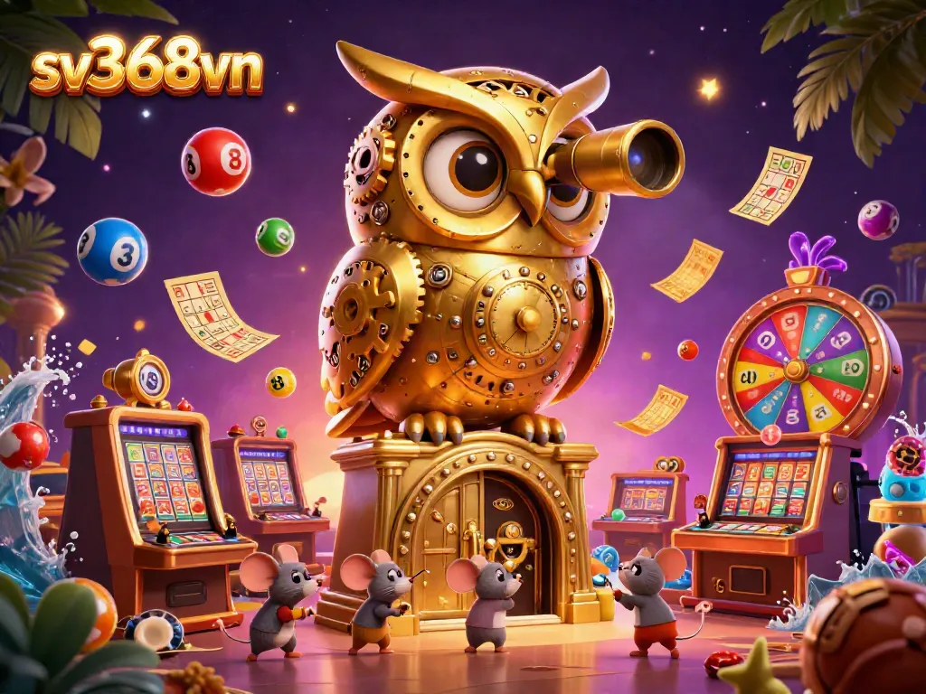 Engage with sv368vn by exploring a vibrant casino scene with a golden owl, dynamic lottery balls, and lively details.
