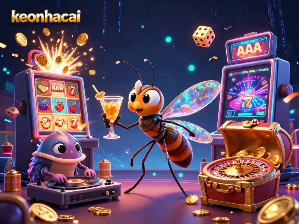 Experience excitement at keonhacai with a vibrant casino scene featuring animated characters, slot machines, and roulette.