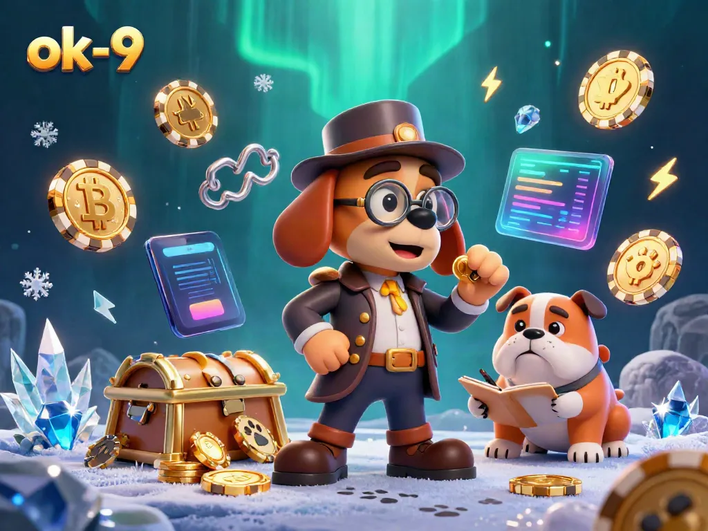 Engage with ok-9's vibrant 3D casino scene filled with characters, poker chips, and crypto elements.