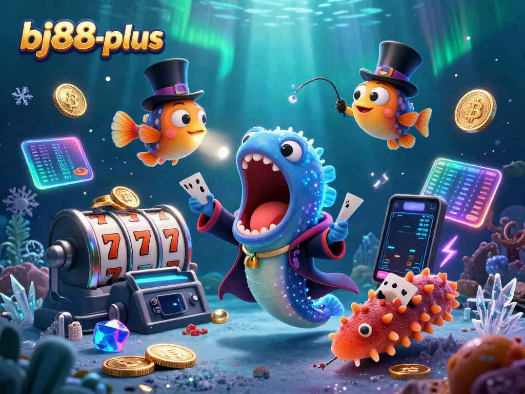 Engage in thrilling slots with bj88-plus, showcasing vibrant characters and casino elements.
