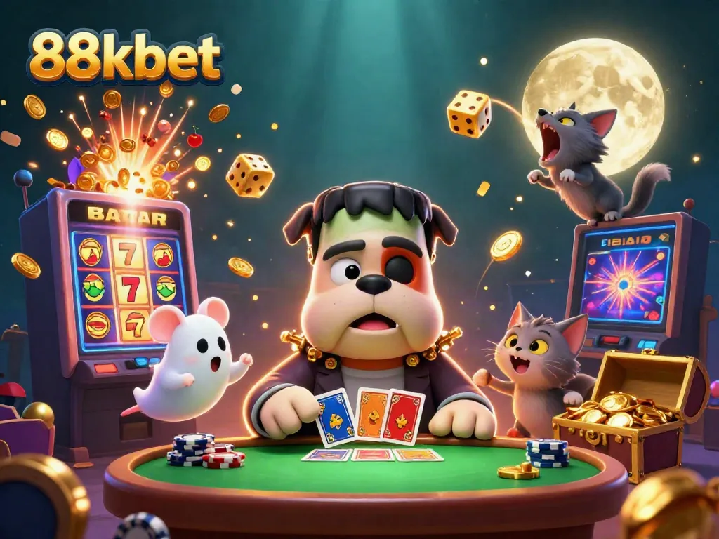 88kbet brings thrilling casino action with a Frankenstein bulldog and werewolf kitten in a vibrant slot scene.