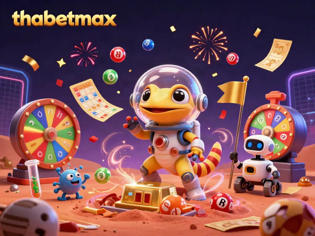 Experience the thrill of thabetmax in a Martian casino with vibrant lottery elements and alien characters.