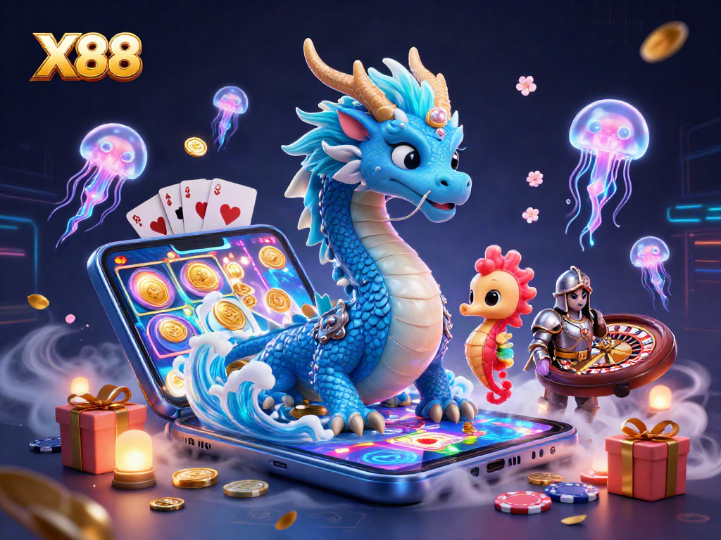 X88 slot game illustration featuring a majestic water dragon, seahorse knight, and neon jellyfish.