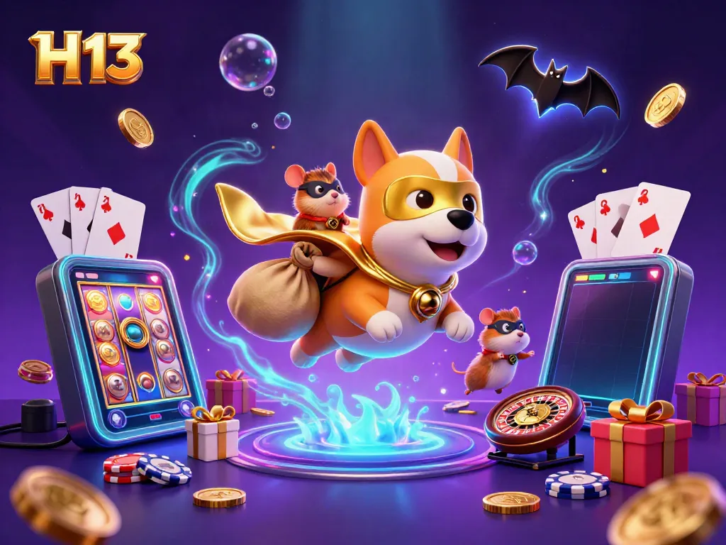 Experience thrilling wins with H 13's superhero dog and hamster in a vibrant casino adventure.