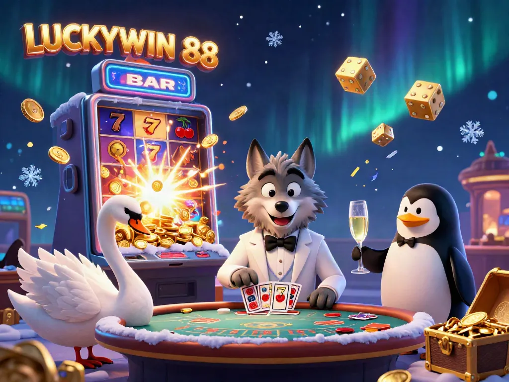Experience the vibrant LUCKYWIN 88 scene with rich casino elements and charming characters.