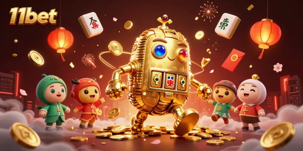 Experience thrilling casino action with 11bet’s vibrant 3D golden golem surrounded by festive elements.