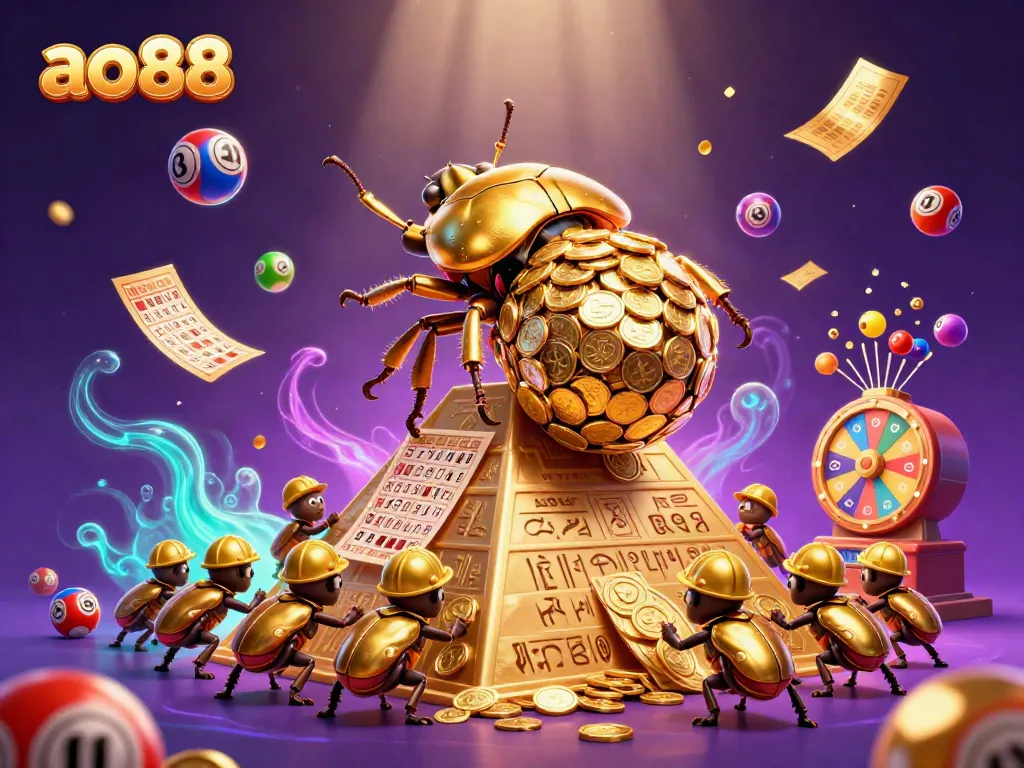 Experience the excitement of ao88 with a vibrant lottery-themed illustration featuring golden beetles and bouncing lottery balls.