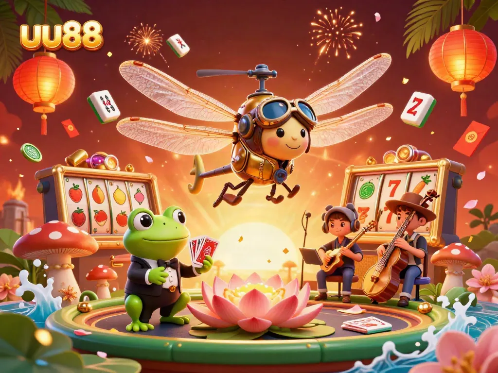 Engage with uu88's lively casino scene featuring a dragonfly pilot and frog croupier amidst slot machines.