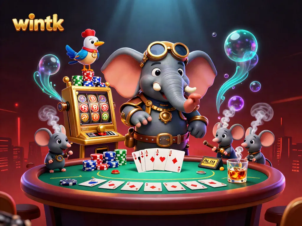 Experience Wintk's vibrant casino action with a steampunk elephant and poker elements in a rich 3D scene.