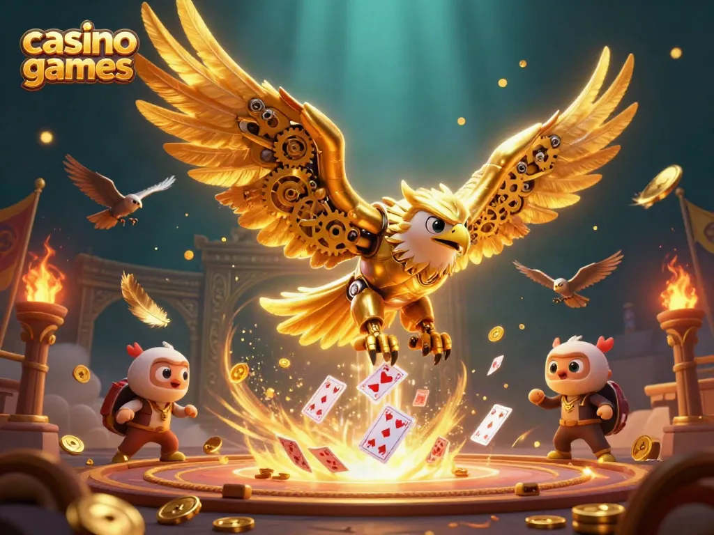 Experience the thrill of casino games with a golden eagle amidst flying cards and vibrant game elements.