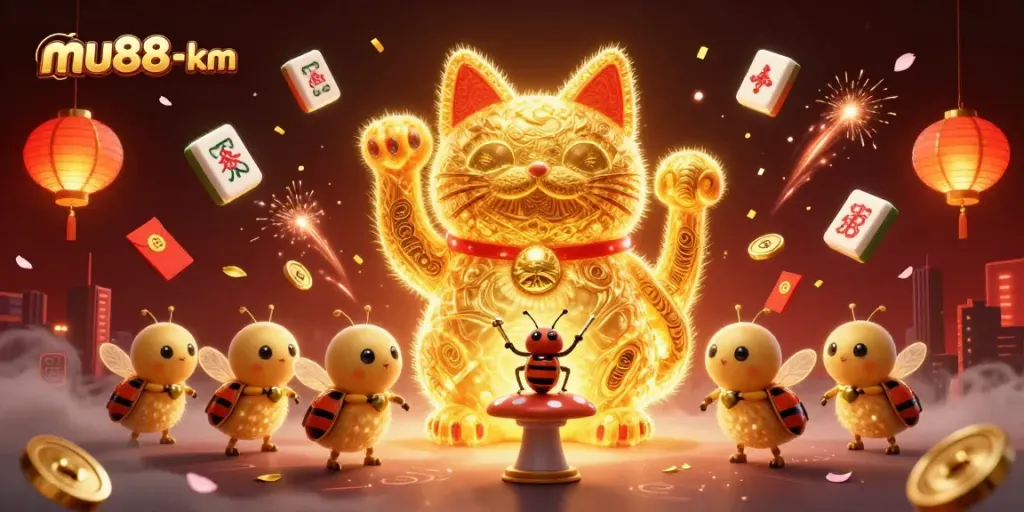 Join the excitement of casino gaming with mu88-km featuring a giant lucky cat and vibrant elements!
