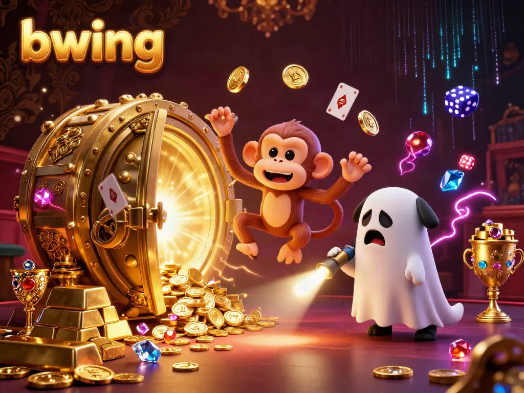 Experience thrilling gaming action with bwing in a haunted casino, featuring a playful poltergeist monkey and ghost-hunter puppy.