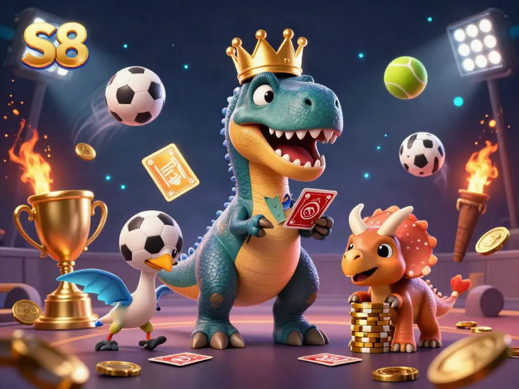 S8 engages in thrilling casino action with a T-Rex shuffling cards while surrounded by sports elements.