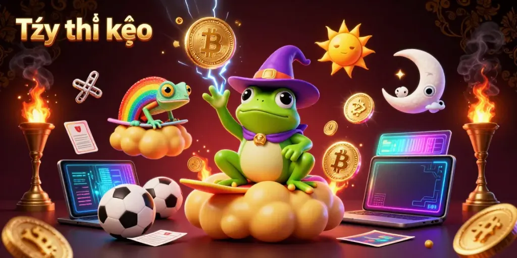 Tỷ lệ kèo with a cartoon weather wizard frog and rainbow chameleon amidst sports betting elements