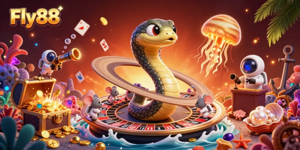 Experience the thrill of Fly88 gaming with a dynamic 3D roulette scene featuring cosmic elements and vibrant casino visuals.