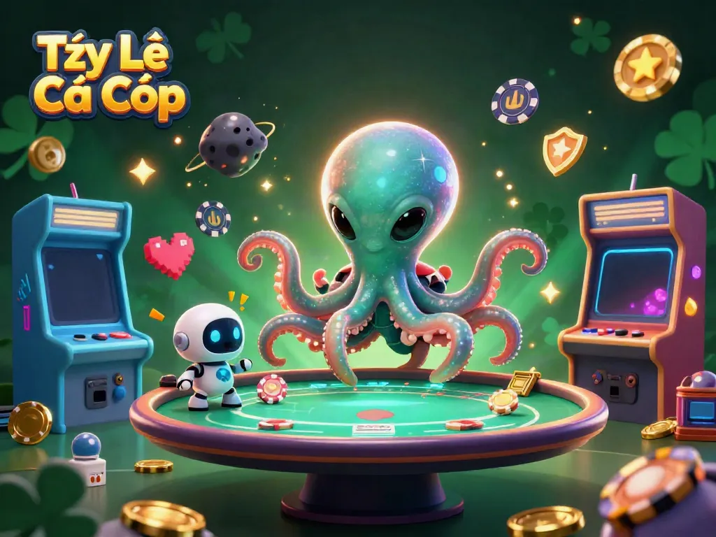Experience excitement with Tỷ Lệ Cá Cược as a playful octopus manages a glowing holographic poker table.