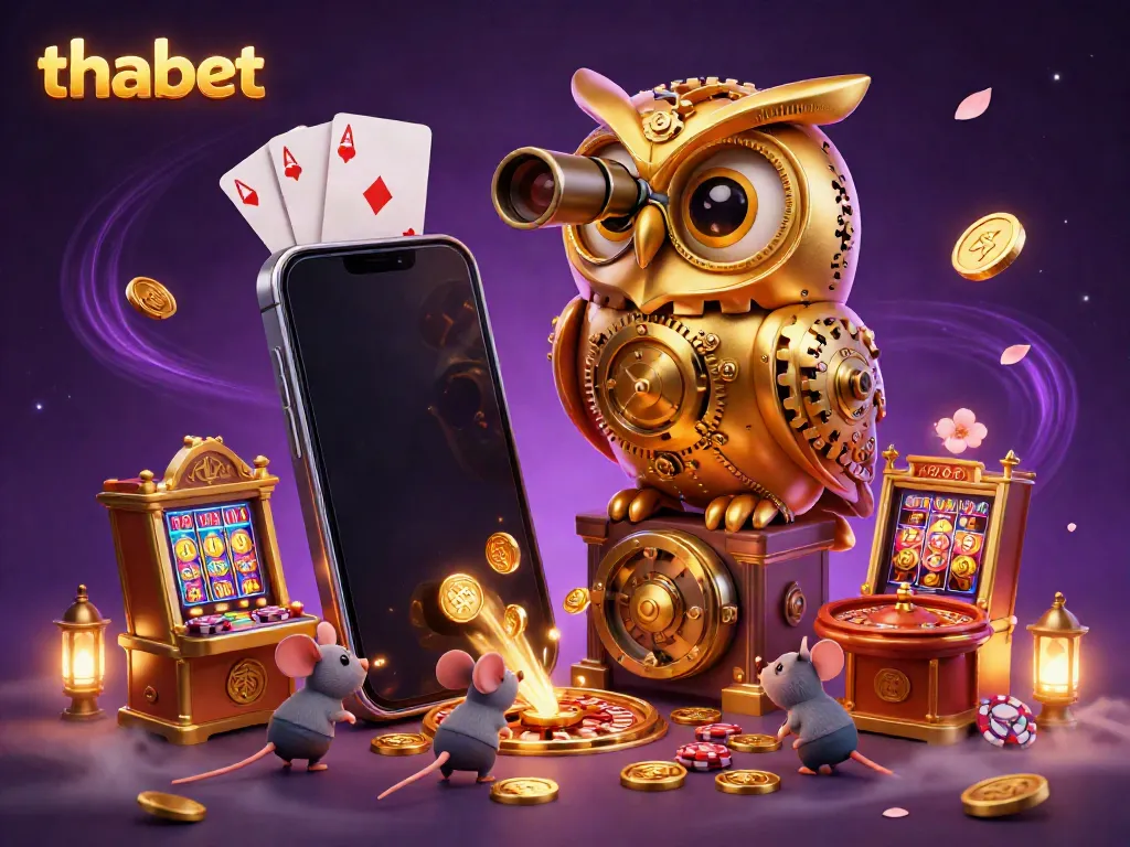 Engage with exciting thabet gaming at the casino with a vibrant 3D illustration of an owl and playful characters.
