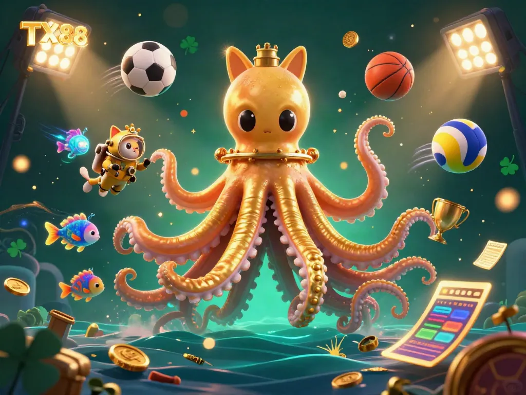 Experience the thrill of TX88 with a kraken, a diving cat, and sports elements in a captivating underwater scene.