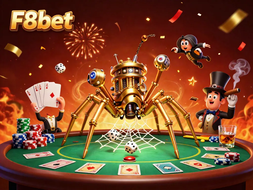 Experience thrilling gameplay with F8bet's unique casino ambiance featuring a steampunk spider and poker elements.