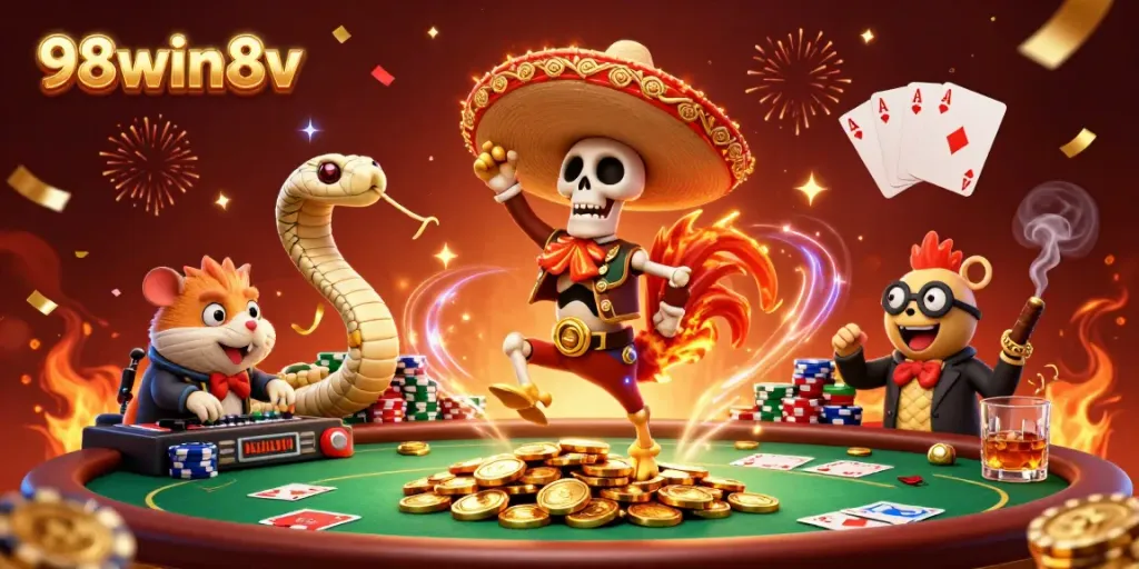 Experience the excitement of 98win8v with a skeleton mariachi, mummy snake, and zombie DJ in a lively casino scene.