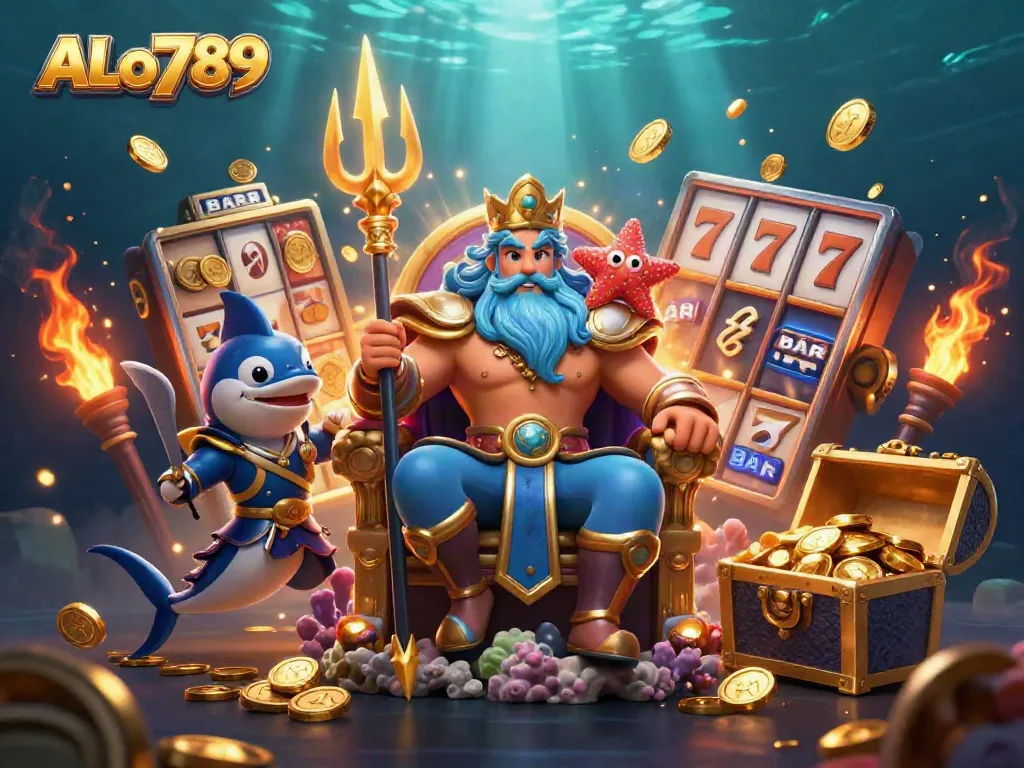 Engage with ALo789 in a vibrant 3D digital illustration featuring Neptune, samurai guard, and slot machine excitement.