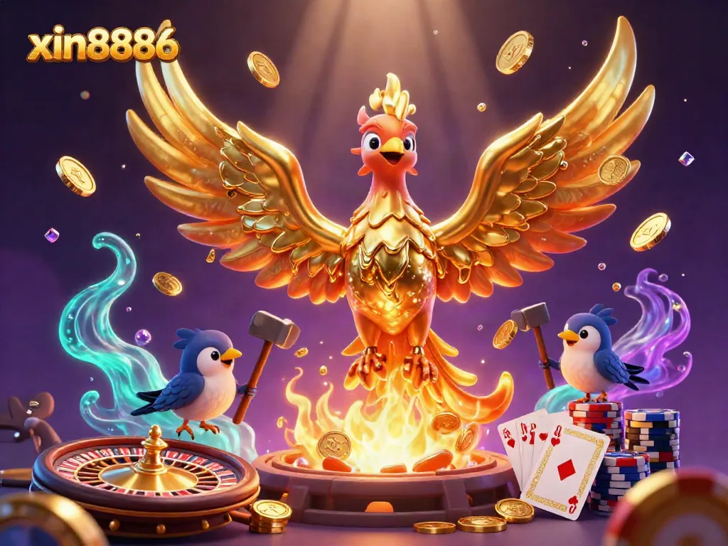 Unleash winnings with xin8886 as a molten golden phoenix soars through cascading coins and vibrant game elements.