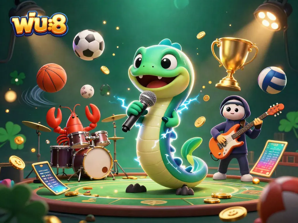 Take a chance with ฟัน88 as a dynamic DJ eel performs in an underwater casino, surrounded by sports betting elements.