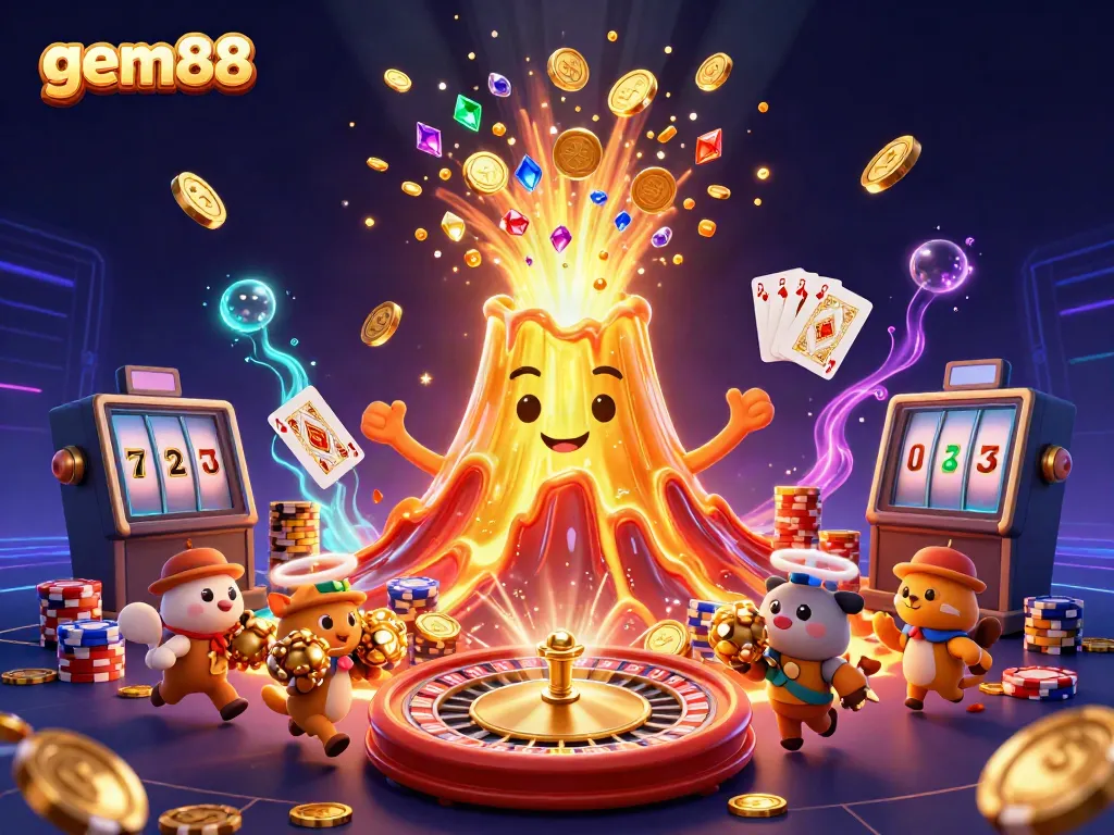 Experience excitement with gem88 as a golden volcano erupts coins, gems, and treasures in a lively casino scene.