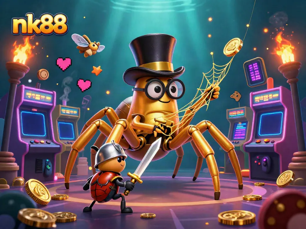 Engage with nk88's thrilling casino universe in this vibrant 3D illustration of a golden tarantula and adventurous beetle knight.