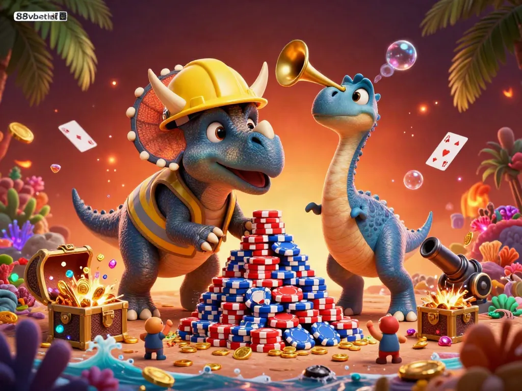 Celebrate with the 88vbet link at a lively casino scene featuring jubilant characters and vibrant treasures.