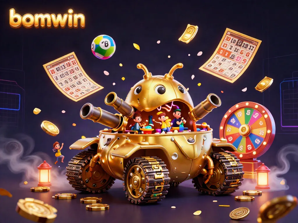 Engage in the thrilling atmosphere of bomwin casino with a vibrant, animated 3D illustration showcasing a mini casino within a golden beetle tank.