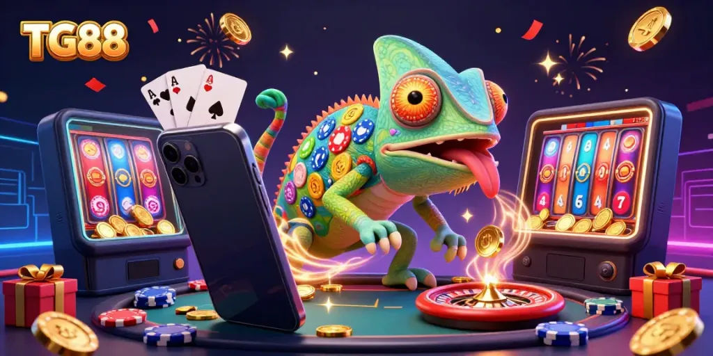 Experience exciting wins at TG88 with an animated casino scene showcasing games and excitement.