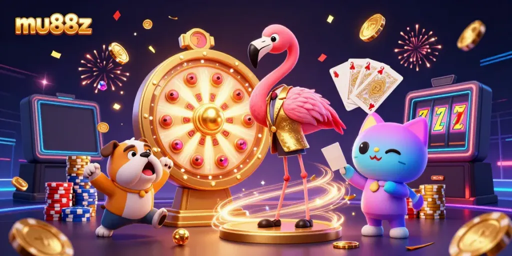 Experience the excitement of mu88z with vibrant casino games and colorful prizes in this dynamic scene.